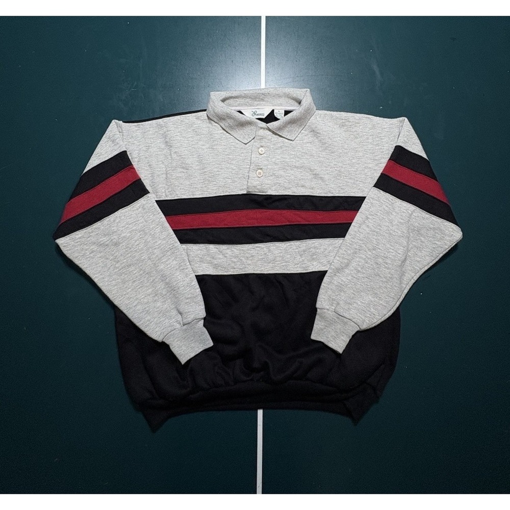 Vintage 90s‎ Striped Rugby Polo Sweater Men's Large Black Red Gray Retro Preppy